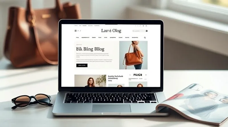 A perfectly curated fashion blog layout displayed on a sleek laptop screen, surrounded by stylish accessories like a designer handbag, a pair of elegant sunglasses, and a fashion magazine, all bathed in soft, natural light, professional photography, 8K, cinematic lighting, sharp focus, depth of field, shot on a high-end DSLR.