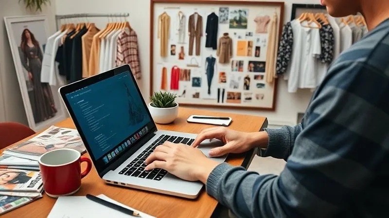 A person diligently typing on a laptop in a stylish, minimalist home office, surrounded by fashion magazines, a mood board filled with fabric swatches and design sketches, and a cup of coffee. The scene conveys focus, research, and consistent effort, professional photography, 8K, cinematic lighting, sharp focus, depth of field, shot on a high-end DSLR.