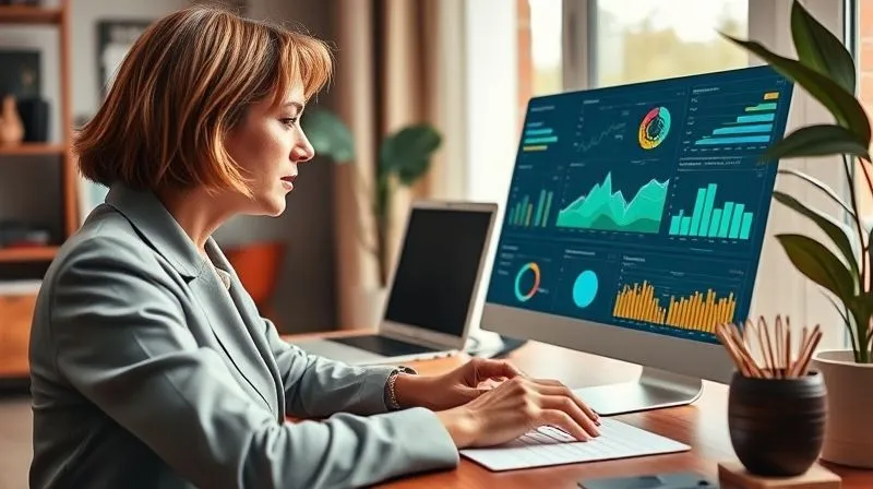 A photorealistic, professional photography image of a stylish fashion influencer, dressed in contemporary attire, sitting at a desk illuminated by soft natural light, intently analyzing a detailed digital dashboard displaying audience demographics, engagement metrics, and psychographic insights. The screen shows vibrant charts and graphs, with sharp focus on the data, depth of field blurring the background of a chic home office, 8K hyper-detailed, shot on a high-end DSLR, conveying strategic analysis and expertise.