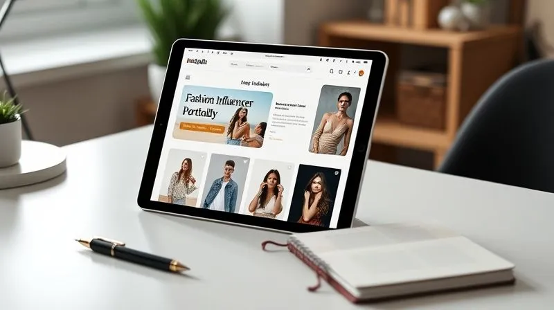A photorealistic, professional photography image of a meticulously designed digital media kit displayed on a sleek tablet, open to a page showcasing a fashion influencer's portfolio. The layout is clean and modern, featuring high-quality fashion photography, clear data visualizations of audience demographics and engagement rates, and compelling testimonials. The tablet is placed on a minimalist desk with a stylish notebook and pen, illuminated by soft studio lighting, sharp focus on the media kit's details, depth of field blurring a chic office background, 8K hyper-detailed, shot on a high-end DSLR, conveying professionalism and strategic presentation.