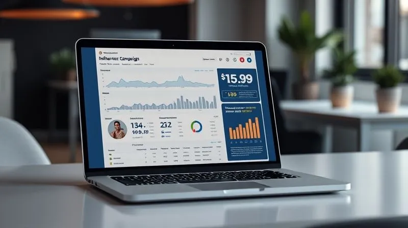 A photorealistic, professional photography image of a sleek, modern laptop screen displaying a detailed influencer campaign performance report. The report features clear graphs showing reach, engagement rates, click-through rates, and audience sentiment analysis. The laptop is open on a minimalist desk, with soft, professional lighting illuminating the screen, sharp focus on the data, depth of field blurring the background of a contemporary office, 8K hyper-detailed, shot on a high-end DSLR, conveying analytical insight and successful campaign delivery.