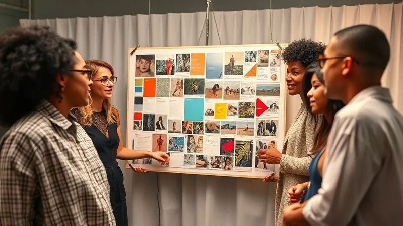A photorealistic image of a diverse creative team gathered around a beautifully curated physical mood board for a fashion editorial, showcasing fabric swatches, color palettes, and inspiring imagery. The mood board is brightly lit, while the background is softly blurred, indicating shared vision and collaborative energy. Professional photography, 8K, cinematic lighting, sharp focus, depth of field, shot on a high-end DSLR.