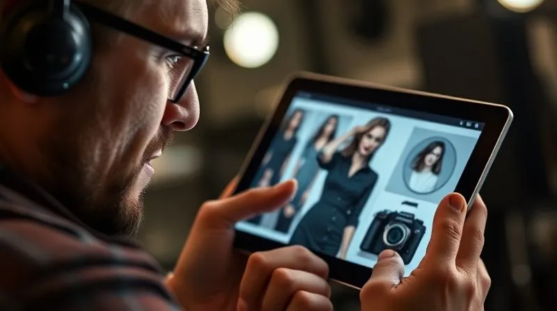 A close-up, photorealistic shot of a professional fashion photographer reviewing a stunning digital portfolio on a high-resolution tablet, with a discerning and impressed expression. The screen displays a captivating editorial fashion image, reflecting quality work, reflecting quality work. Professional photography, 8K, cinematic lighting, sharp focus, depth of field, shot on a high-end DSLR.