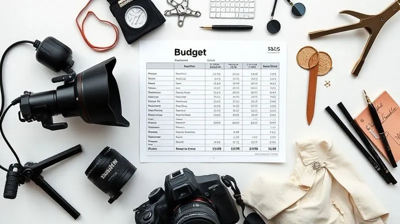 A photorealistic top-down view of a meticulously organized creative workspace, featuring a balanced budget spreadsheet alongside well-chosen fashion props, lighting equipment, and a small, exquisite garment. The arrangement suggests smart resource allocation and strategic planning. Professional photography, 8K, cinematic lighting, sharp focus, depth of field, shot on a high-end DSLR.