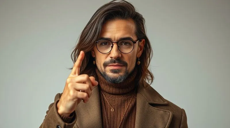 A striking photorealistic portrait of a confident and charismatic fashion director or creative lead, engaging directly with the viewer. Their attire is stylish yet professional, subtly conveying their unique brand identity. The background is a sophisticated, minimalist studio setting. Professional photography, 8K, cinematic lighting, sharp focus, depth of field, shot on a high-end DSLR.