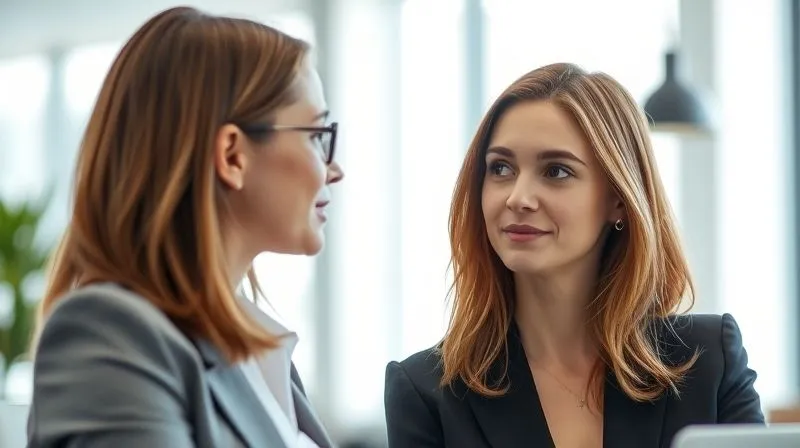 A photorealistic image of a professional woman in a modern, minimalist office, subtly interacting with a colleague. The focus is on their composed expressions and the clean, bright atmosphere, suggesting an environment where subtle cues are important. Cinematic lighting, sharp focus, 8K, shot on a high-end DSLR, depth of field blurring the background.