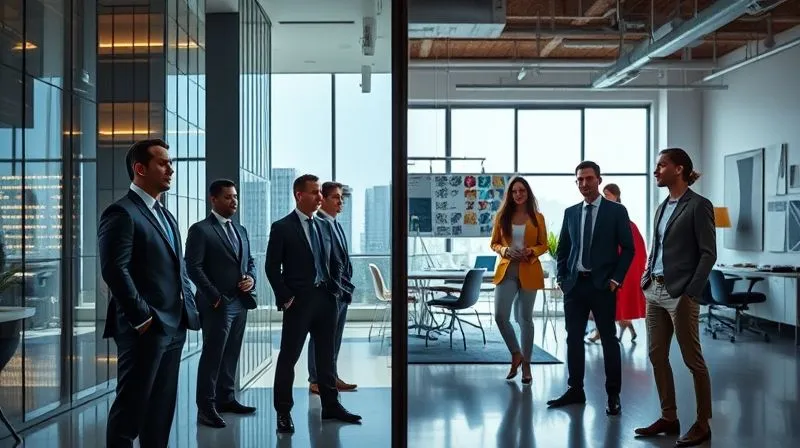A photorealistic image showing a split scene: on one side, a sleek, modern, high-rise corporate office with professionals in sharp suits; on the other, a vibrant, artistic studio space with individuals in smart-casual attire. The lighting shifts subtly between the two, highlighting their distinct professional environments. Sharp focus, 8K, cinematic lighting, shot on a high-end DSLR, depth of field.