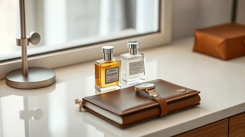 A photorealistic image of an elegant, minimalist dressing table. On it, a few high-quality, understated fragrance bottles are meticulously arranged alongside a small, stylish watch and a leather-bound planner. The lighting is soft and natural, emphasizing precision and refined taste. Sharp focus on the items, 8K, cinematic lighting, shot on a high-end DSLR, depth of field blurring a luxurious background.