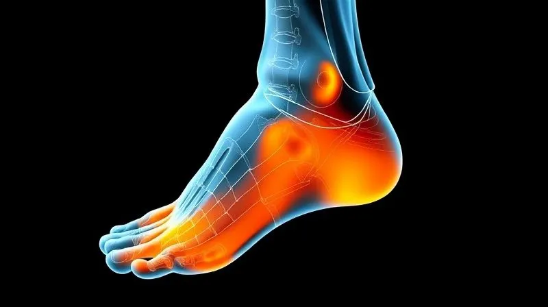A photorealistic image of a foot pressure map from a gait analysis, showing areas of high and low pressure, professional and scientific, 8K, sharp focus.