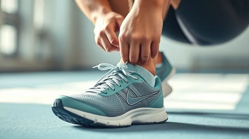 A photorealistic image of a runner lacing up a new, well-fitting athletic shoe, the runner has a determined yet comfortable expression, bright athletic environment, 8K, sharp focus.