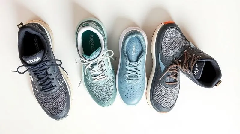 A photorealistic overhead shot of three different types of athletic shoes (neutral, stability, motion control) arranged neatly on a clean surface, with labels or subtle visual cues indicating their type, professional product photography, 8K, sharp focus.