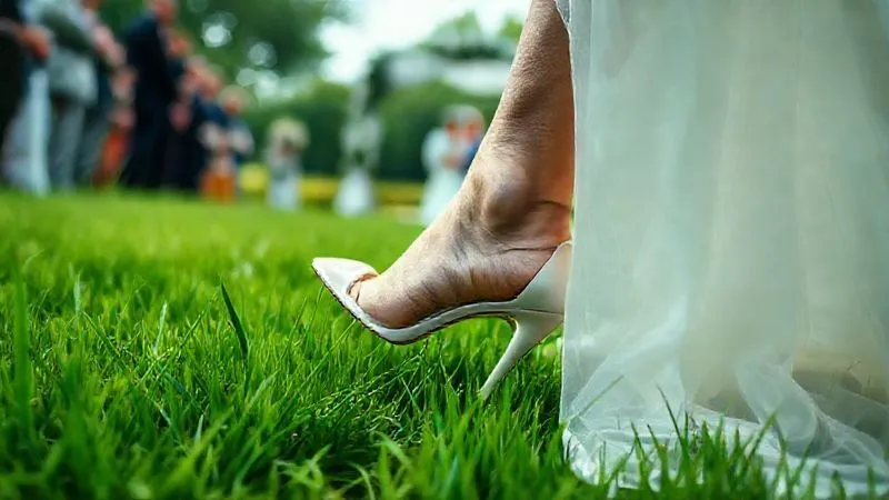 A photorealistic image of a bride's delicate stiletto heel sinking into lush, green grass during an outdoor wedding ceremony, with a blurred background of guests and an archway. Professional photography, 8K, cinematic lighting, sharp focus on the shoe and grass, depth of field, shot on a high-end DSLR, conveying a sense of minor struggle and discomfort.