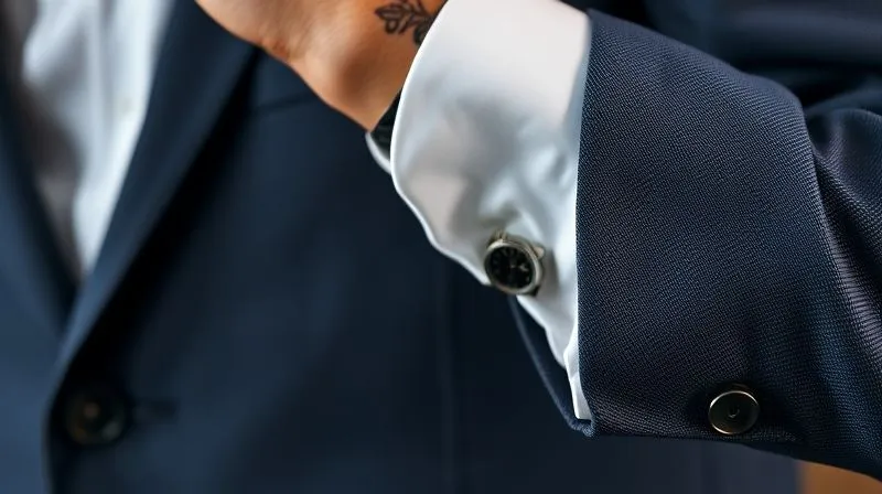 A close-up, photorealistic image of a man's blazer sleeve perfectly revealing a crisp white shirt cuff, with a subtle luxury watch on his wrist. The fabric texture is visible, sharp focus, cinematic lighting, depth of field. Professional photography, 8K.