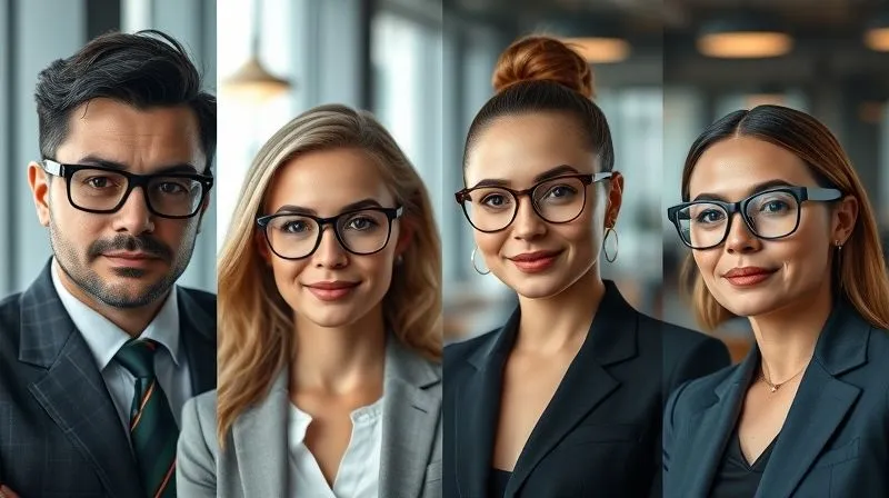 A photorealistic, professional photography, 8K, cinematic lighting, sharp focus, depth of field, shot on a high-end DSLR, depicting a collage of diverse business professionals, each embodying a different archetype: one with bold, angular glasses (Authority), one with unique, artistic frames (Innovator), one with soft, round glasses (Nurturer), and one with sleek, modern metallic frames (Visionary). Each person projects their respective professional brand through their eyewear and expression, in a sophisticated office environment.