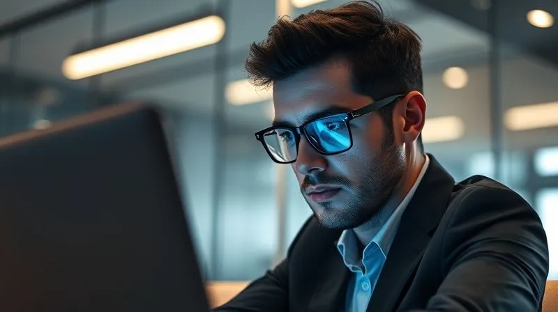 A photorealistic, professional photography, 8K, cinematic lighting, sharp focus, depth of field, shot on a high-end DSLR, of a focused business professional (man or woman) in a modern office, wearing stylish eyeglasses with a subtle blue light filter hue, intently looking at a laptop screen. The light from the screen subtly illuminates their face, and there's a soft glow around the glasses, emphasizing the lens technology. The background is a blurred, sophisticated office setting.