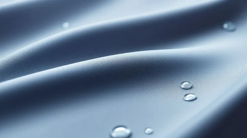 A close-up, photorealistic shot of a high-performance activewear fabric, showcasing its moisture-wicking texture and seamless construction. The fabric appears smooth and slightly iridescent under cinematic lighting, with subtle water droplets beading on the surface, indicating its hydrophobic properties. 8K hyper-detailed, sharp focus, depth of field, shot on a high-end DSLR.
