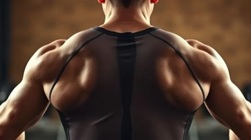 A dynamic, photorealistic shot of an athlete's back and shoulders during a powerful movement (e.g., rowing, lifting), showcasing the ergonomic design of a seamless, moisture-wicking activewear top. The fabric contours perfectly to the body, with a focus on the smooth seams or lack thereof under the armpit and shoulder blades. Cinematic lighting, sharp focus on the fabric, depth of field blurring the background. 8K hyper-detailed, shot on a high-end DSLR.