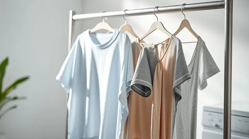 A serene, photorealistic image of freshly laundered, high-performance activewear gently air-drying on a minimalist rack, bathed in soft, natural light. The fabrics appear clean, smooth, and ready for action, conveying a sense of freshness and care. Sharp focus on the clothes, depth of field blurring a clean, modern laundry room background. 8K hyper-detailed, shot on a high-end DSLR.