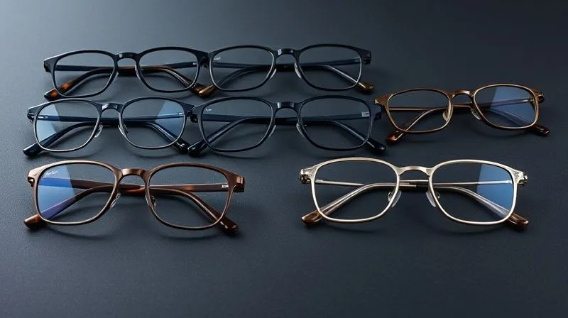 A photorealistic array of high-end prescription glasses frames, each in a different sophisticated color (e.g., deep navy, charcoal grey, brushed silver, tortoiseshell), arranged elegantly on a polished surface, professional studio lighting, 8K.