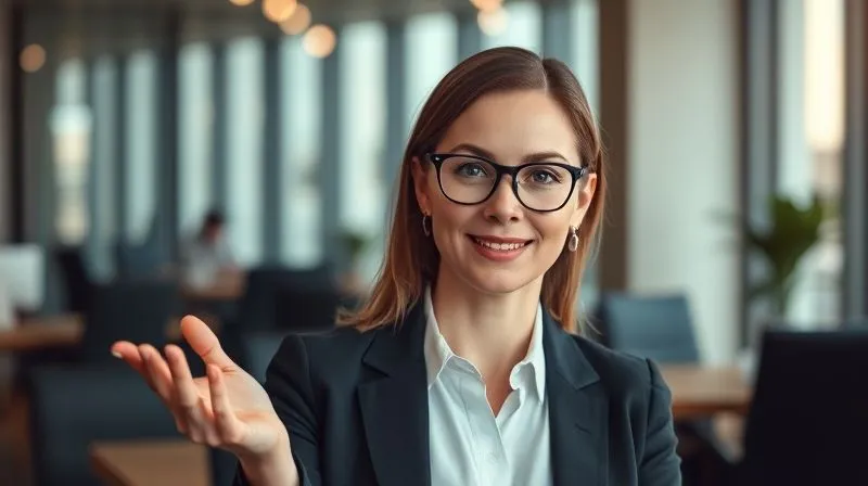 A photorealistic image of a confident female executive in a modern office, presenting with authority, wearing sleek, professional prescription glasses that enhance her features, soft cinematic lighting, 8K, depth of field.