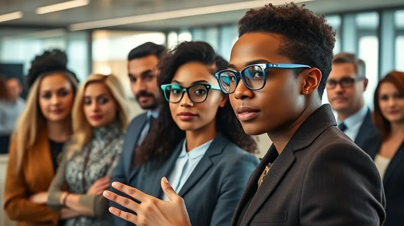 A photorealistic, professional photography, 8K, cinematic lighting, sharp focus, depth of field, shot on a high-end DSLR, showing a diverse group of modern professionals in a collaborative, open-plan office setting. One individual, wearing elegant blue light glasses, is confidently presenting or leading a discussion, making eye contact. The other team members are engaged and attentive, some also wearing subtle, stylish eyewear. The scene emphasizes competence, collaboration, and polished appearance.