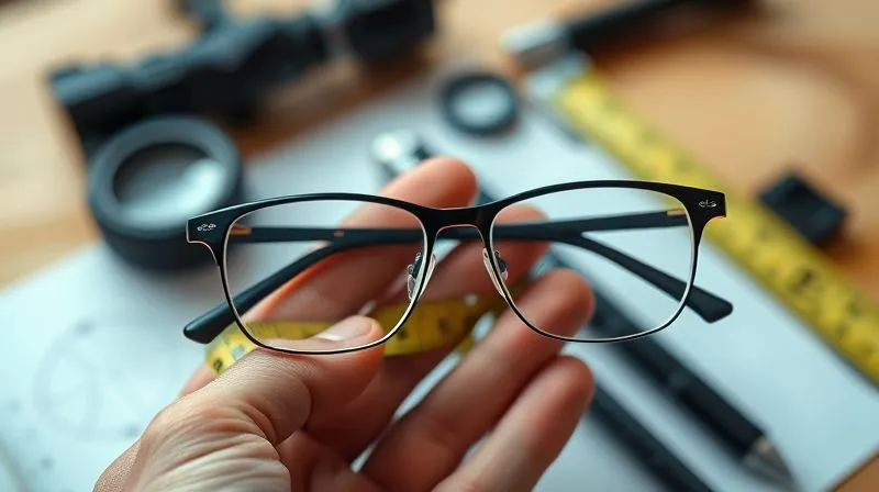 photorealistic, professional photography, 8K, cinematic lighting, sharp focus, depth of field, shot on a high-end DSLR, a close-up of a hand holding a pair of elegant, thin-rimmed prescription glasses against a measurement tape, highlighting the precise dimensions and proportional fit, with a blurred background of optical tools, conveying precision and expert guidance.