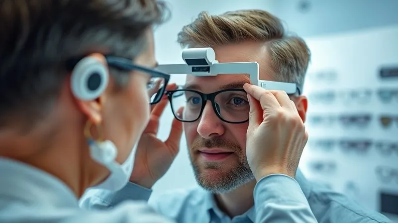 photorealistic, professional photography, 8K, cinematic lighting, sharp focus, depth of field, shot on a high-end DSLR, a skilled optician (30s-50s, friendly, professional) carefully fitting a pair of sophisticated glasses on a patient's face, using a digital measurement device for precise alignment, in a clean, modern optical clinic, conveying trust, expertise, and personalized care.