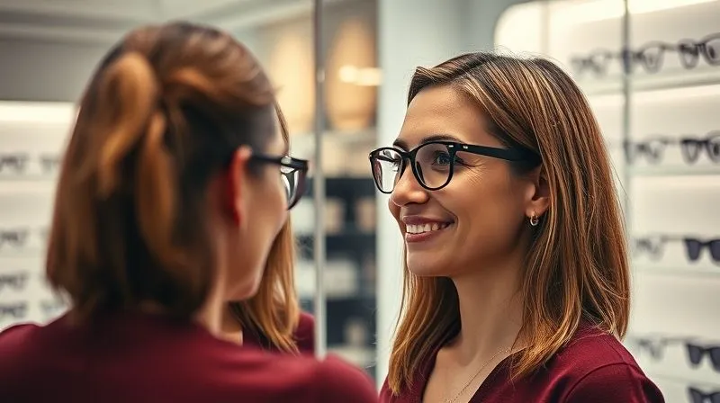 photorealistic, professional photography, 8K, cinematic lighting, sharp focus, depth of field, shot on a high-end DSLR, a person (30s-40s) looking confidently at their reflection in a mirror, wearing a pair of perfectly fitted, stylish glasses that enhance their features, with a subtle smile, conveying comfort, satisfaction, and self-assurance, in a well-lit, elegant optical boutique.
