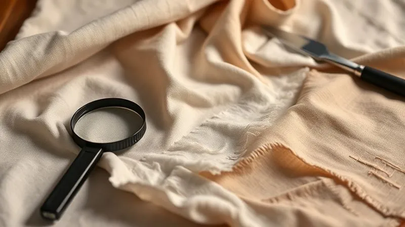 A photorealistic, professional photography, 8K, cinematic lighting, sharp focus, depth of field, shot on a high-end DSLR image showing a selection of different fabric swatches (muslin, linen blend, rayon, and a specialty theatrical fabric) laid out on a costume designer's table. One swatch is partially torn to show its unique tearing characteristics, with a magnifying glass nearby to inspect the fibers.