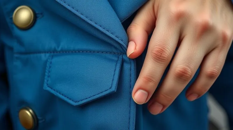 A photorealistic, professional photography, 8K, cinematic lighting, sharp focus, depth of field, shot on a high-end DSLR image showing a close-up of a costume seam, with a hand demonstrating how a breakaway stitch (using a contrasting, weaker thread) is designed to separate cleanly. Hidden Velcro tabs are subtly visible underneath the fabric flap, indicating multiple quick-release mechanisms.