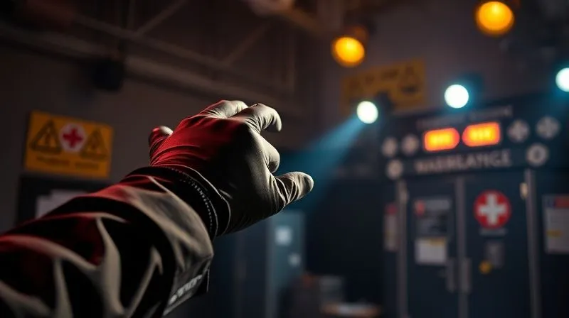 A photorealistic, professional photography, 8K, cinematic lighting, sharp focus, depth of field, shot on a high-end DSLR image of a performer's hand, gloved, reaching for a specific, color-coded pull tab on a costume designed for a quick release. The background shows a dimly lit backstage area with safety warnings and first aid kits visible, emphasizing safety protocols.
