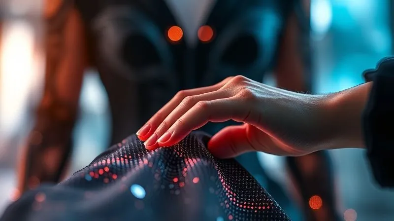 A photorealistic, professional photography, 8K, cinematic lighting, sharp focus, depth of field, shot on a high-end DSLR image showing a futuristic textile sample with subtle glowing embedded circuits or threads, hinting at smart fabric technology. A designer's hand is hovering over it, suggesting interaction or programming, with a blurred background of abstract costume designs.