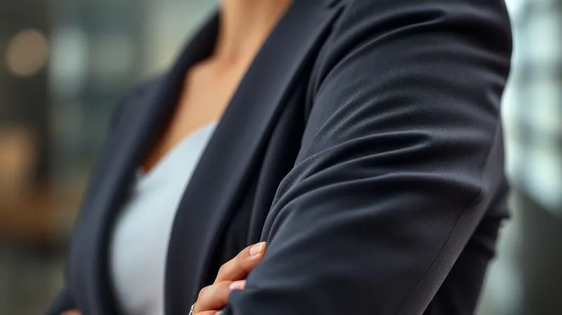 A photorealistic image of a woman's perfectly tailored blazer sleeve, with a subtle luxury watch peeking out, sharp focus on the watch and fabric texture, depth of field blurring the background, professional photography, 8K, cinematic lighting.