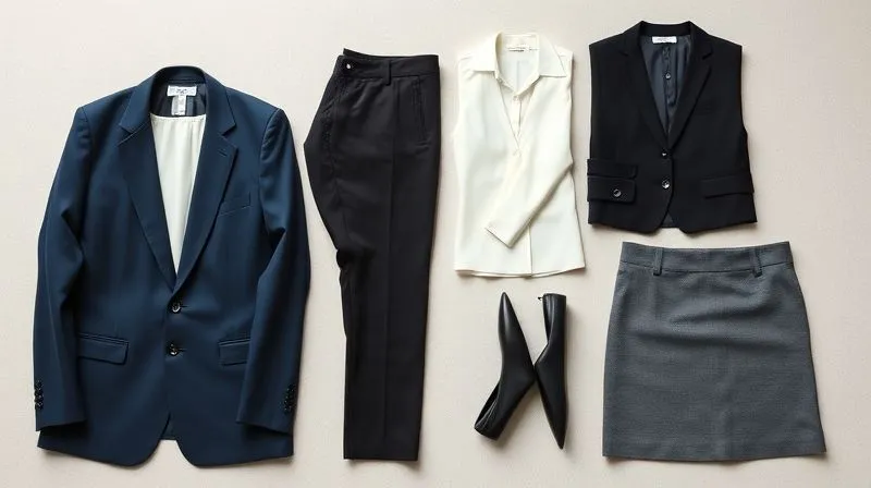 A photorealistic flat lay of essential women's formal wear items: a perfectly tailored navy blazer, a crisp white silk blouse, classic black tailored trousers, and an elegant grey pencil skirt, arranged neatly on a light, textured background. Professional photography, 8K, cinematic lighting, sharp focus.