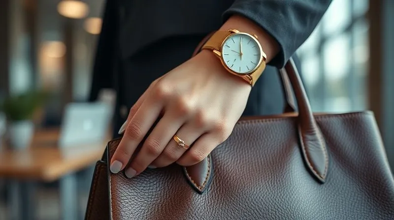 A close-up, photorealistic shot of a woman's hand, adorned with a delicate gold watch and a simple, elegant ring, subtly adjusting a high-quality leather handbag strap. The focus is sharp on the accessories and the texture of the bag, with a blurred background of a modern office setting. Soft cinematic lighting, professional photography, 8K, depth of field.