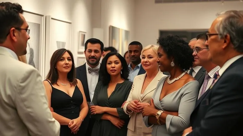 photorealistic, professional photography, 8K, cinematic lighting, sharp focus, depth of field, shot on a high-end DSLR, a diverse group of sophisticated art collectors, male and female, of varying ages and ethnicities, engaged in a lively discussion at an exclusive art gallery opening, dressed in elegant, understated fashion, some wearing unique statement jewelry, conveying intellect and appreciation for avant-garde art.