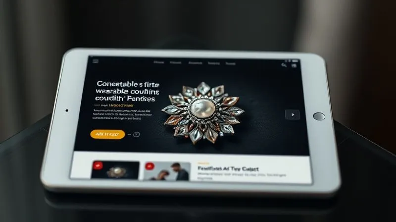 photorealistic, professional photography, 8K, cinematic lighting, sharp focus, depth of field, shot on a high-end DSLR, an elegant and minimalist e-commerce website interface displaying a conceptual wearable art brooch, with clear product images, detailed descriptions, and an 'add to cart' button, on a sleek tablet screen, reflecting sophistication and ease of use.
