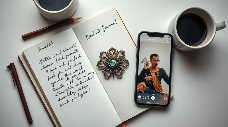 photorealistic, professional photography, 8K, cinematic lighting, sharp focus, depth of field, shot on a high-end DSLR, a meticulously arranged flat lay of a conceptual wearable art brooch next to a journal with handwritten notes, a minimalist coffee cup, and a high-end smartphone displaying a thoughtfully composed Instagram post featuring the jewelry, highlighting a blend of artistic process and digital marketing.