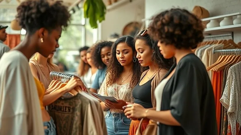Photorealistic, professional photography, 8K, cinematic lighting, sharp focus on a diverse group of stylish, conscious consumers examining vintage garments in a sunlit, eco-friendly boutique, depth of field blurring the background, shot on a high-end DSLR.