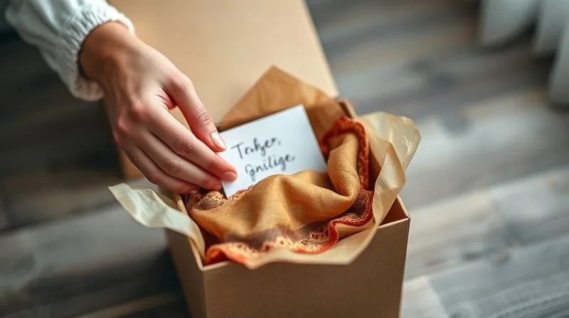 Photorealistic, professional photography, 8K, cinematic lighting, sharp focus on a pair of elegant hands carefully opening a beautifully packaged, eco-friendly box revealing a vintage silk scarf, surrounded by recycled tissue paper and a handwritten note, depth of field blurring a minimalist background, shot on a high-end DSLR.