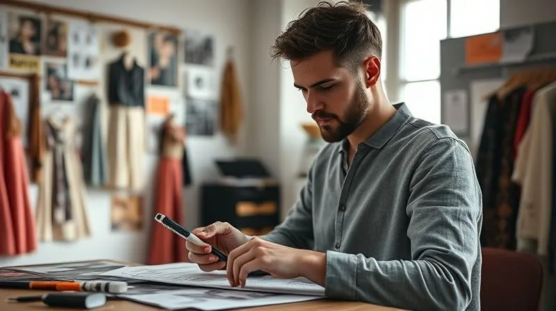 A close-up, photorealistic, professional photography, 8K, cinematic lighting, sharp focus, depth of field, shot on a high-end DSLR, of a fashion designer sketching ideas vigorously in a minimalist studio, surrounded by mood boards made of magazine cutouts and fabric swatches, reflecting a determined and resourceful creative process. The scene is bathed in natural window light, highlighting textures and details.