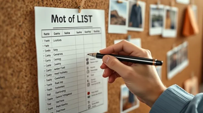 A photorealistic, professional photography, 8K, cinematic lighting, sharp focus, depth of field, shot on a high-end DSLR, of a meticulously organized shot list and mood board pinned to a corkboard, with polaroids of potential locations and fabric swatches. A hand is holding a pen, highlighting an item, suggesting careful planning and preparation.
