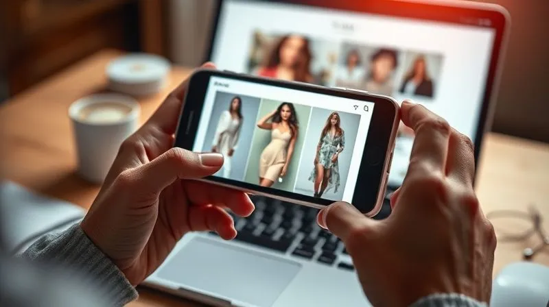 A photorealistic, professional photography, 8K, cinematic lighting, sharp focus, depth of field, shot on a high-end DSLR, of a person's hands holding a smartphone displaying a beautifully designed digital fashion lookbook on a website, with a laptop in the blurred background showing social media feeds. The scene implies effective digital distribution and reach.