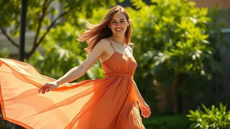 A photorealistic, professional photography shot of a fashion model in a flowing dress, captured mid-movement in a sun-drenched urban garden. Natural, soft cinematic lighting highlights the fabric's movement, sharp focus on the model's authentic, joyful expression, depth of field blurring the lush green background. 8K hyper-detailed, shot on a high-end DSLR.