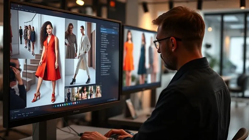 A photorealistic, professional photography shot of a graphic designer working on a high-resolution screen, meticulously color grading fashion lookbook images in post-production software. The screen displays vibrant, consistent imagery, with cinematic lighting casting subtle reflections on the glass. Sharp focus on the screen and designer's hands, depth of field blurring the modern studio background. 8K hyper-detailed, shot on a high-end DSLR.