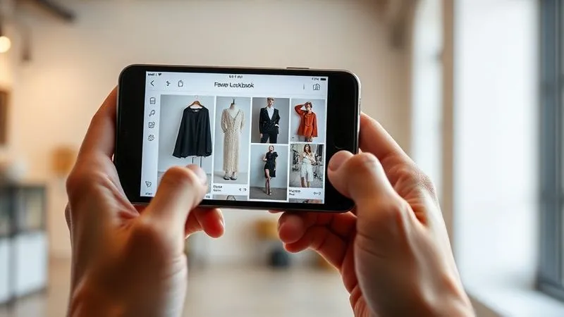 A photorealistic, professional photography shot of a sleek smartphone displaying a perfectly optimized, shoppable fashion lookbook. The screen shows clear product images with clickable tags, held by hands in a modern, minimalist setting. Cinematic lighting, sharp focus on the phone screen, depth of field blurring the background. 8K hyper-detailed, shot on a high-end DSLR.