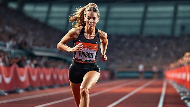 A photorealistic image of an elite female track athlete crossing the finish line, mid-stride, with an expression of pure, unadulterated triumph and focus. Her activewear fits perfectly, enhancing her powerful movement. Cinematic lighting highlights her muscles, with a blurred, cheering crowd in the background, 8K hyper-detailed.