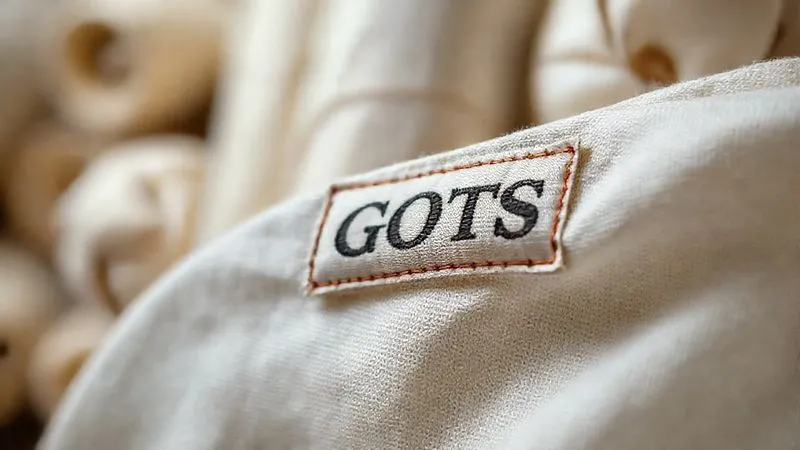 A photorealistic, professional photography, 8K, cinematic lighting, sharp focus on a GOTS (Global Organic Textile Standard) label stitched onto a piece of organic cotton fabric, with the background subtly blurred to show rolls of natural, undyed cotton. The image evokes trustworthiness and quality, shot on a high-end DSLR.