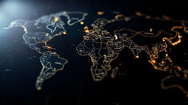 A photorealistic, professional photography, 8K, cinematic lighting, sharp focus on a detailed global map, with interconnected lines highlighting various small-scale textile production hubs in India, Turkey, and Portugal. The lines converge towards a single, small, glowing icon representing a sustainable fashion brand headquarters, illustrating a global, diverse, and ethical supply chain. Shot on a high-end DSLR, depth of field.