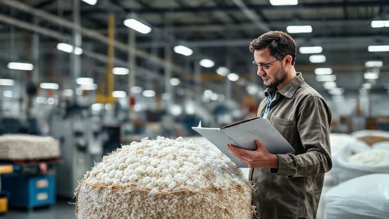 A photorealistic, professional photography, 8K, cinematic lighting, sharp focus on a person in a clean, brightly lit textile factory, examining a bale of raw organic cotton with a clipboard in hand, looking at documentation. The background shows blurred factory machinery, suggesting a thorough audit process and attention to detail. Shot on a high-end DSLR, depth of field.